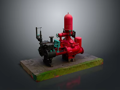 Red And Black Industrial Pump Equipment Featuring Valves Pipes On Green Base 3d model