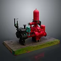 Red And Black Industrial Pump Equipment Featuring Valves Pipes On Green Base