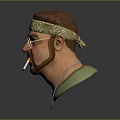 Man With Patterned Bandana Gold Sunglasses Beard Cigarette And Necklace In Green T-shirt