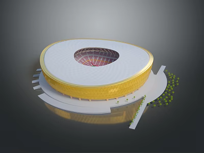 Golden Oval Stadium With White Roof Interior Seating Surrounding Greenery Pathways 3d model