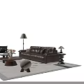 Modern Brown Leather Sofa and Wooden Coffee Table Set with Floor Lamp and Chair