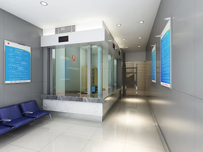 Modern Lobby Area With Glass Reception Desk Blue Chairs And Information Boards 3d model