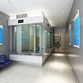 Modern Lobby Area With Glass Reception Desk Blue Chairs And Information Boards