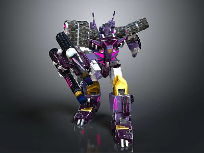 Purple And Pink Mechanical Robot With Yellow Armor Weapons And Battle Stance In 3D Render 3d model