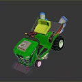 Green Toy Tractor With Yellow Seat Blue Exhaust Pipes And Silver Front Blade