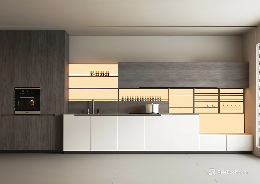 Modern Kitchen Sideboard With White And Gray Cabinets Storage Drawers And Shelves 3d model 
