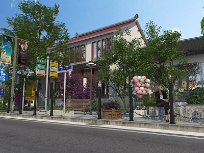 Historic Commercial Street Featuring Traditional Architecture Green Trees Colorful Balloons And Leisure Areas 3d model