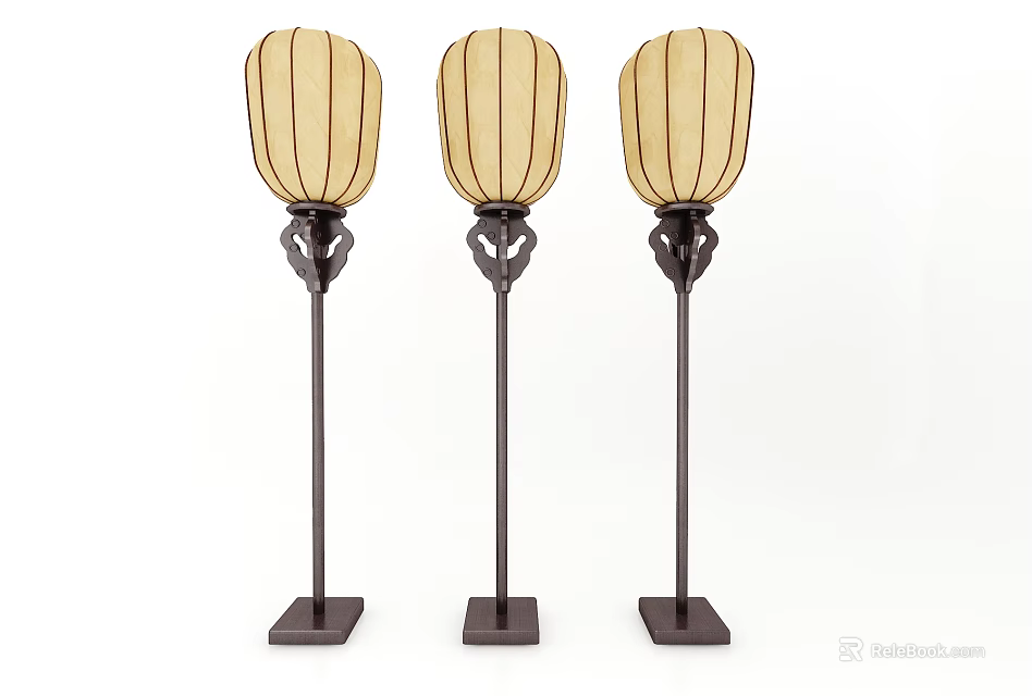 Three Modern Floor Lamps With Beige Vertical Stripe Shades Dark Brown Poles And Square Bases 3d model 