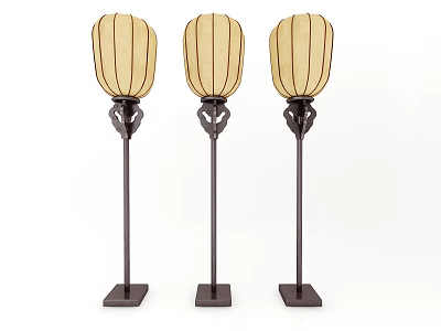 Three Modern Floor Lamps With Beige Vertical Stripe Shades Dark Brown Poles And Square Bases 3d model