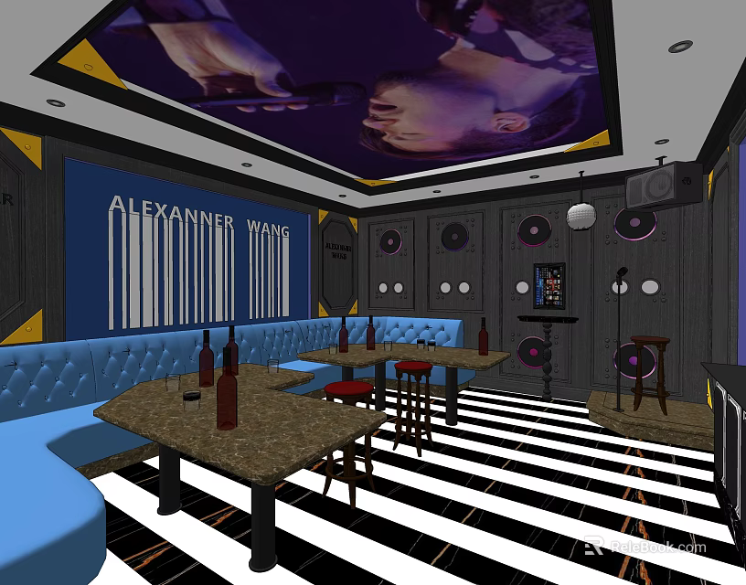 KTV Interior Design With Blue Sofa Seating Tables Wine Bottles Alexander Wang Wall Art And Microphone 3d model 