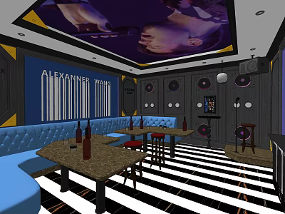 KTV Interior Design With Blue Sofa Seating Tables Wine Bottles Alexander Wang Wall Art And Microphone 3d model