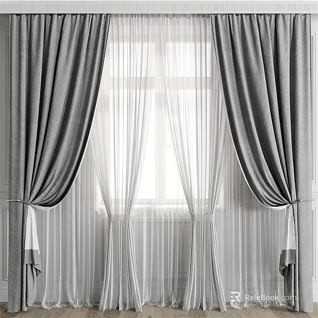 Gray Curtains With Sheer Layer For Elegant Window Light Filtering Design 3d model 