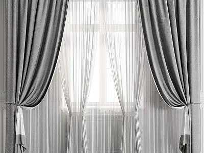 Gray Curtains With Sheer Layer For Elegant Window Light Filtering Design 3d model