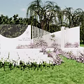 Luo Flower Garden Landscape With White Fence Weeping Willow Trees Purple Flowers And Green Lawn