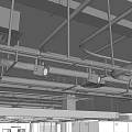 Exposed Ceiling Pipes System in Modern Industrial Building Interior with Metal Supports