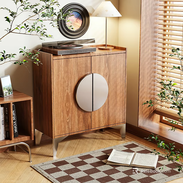 Modern Wooden Shoe Cabinet With Double Doors Round Decorative Panel And Metal Legs 3d model 