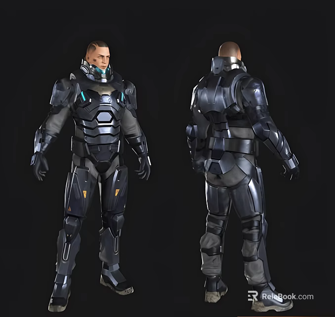 Game Movie Character in Futuristic Armor Featuring Front and Back Views and Detailed Mechanical Design 3d model 