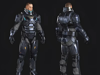 Game Movie Character in Futuristic Armor Featuring Front and Back Views and Detailed Mechanical Design 3d model