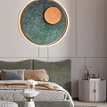 Modern Bedroom Interior With Green Headboard Round Decorative Painting Gold Chandelier Nightstands And Soft Rug