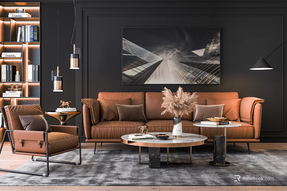 Modern Orange Leather Sofa Round Coffee Table Set with Armchair Decorative Painting Pendant Lights 3d model 