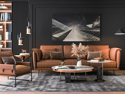 Modern Orange Leather Sofa Round Coffee Table Set with Armchair Decorative Painting Pendant Lights 3d model