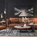 Modern Orange Leather Sofa Round Coffee Table Set with Armchair Decorative Painting Pendant Lights