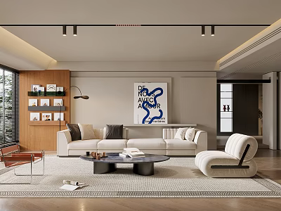 Modern Living Room Interior Design With Blue Abstract Art White Sofa And Black Coffee Table 3d model