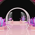Futuristic Transparent Arch Structures With Purple Plants On Pink Platform 3d model