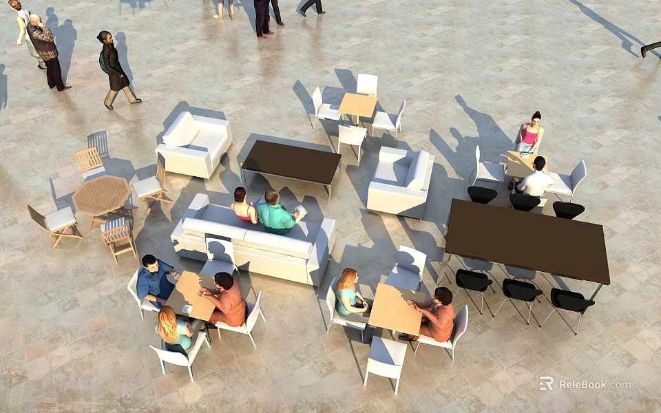 Modern Sofa and Coffee Table Set in Casual Seating Area with People Relaxing 3d model 