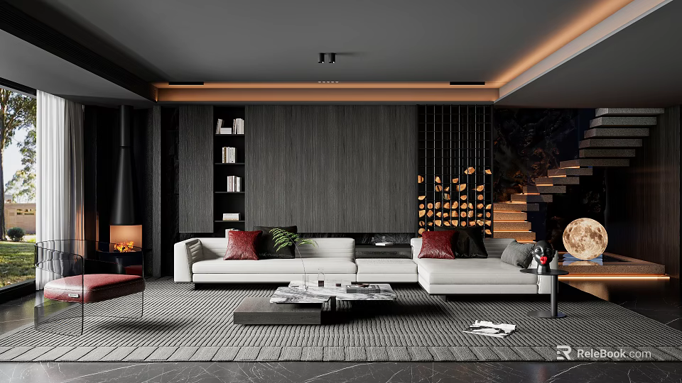 Modern Living Room Interior Design With White Sofa Coffee Table Fireplace And Chandelier 3d model 