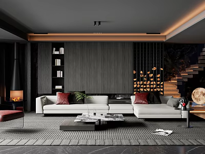 Modern Living Room Interior Design With White Sofa Coffee Table Fireplace And Chandelier 3d model