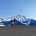 Outdoor Stage With Mountain Background And Flower Decorations And Silhouette Figures