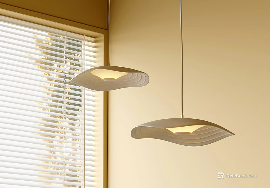 Modern Wave Design Pendant Lights Hanging In Interior With Window Blinds And Warm Glow 3d model 
