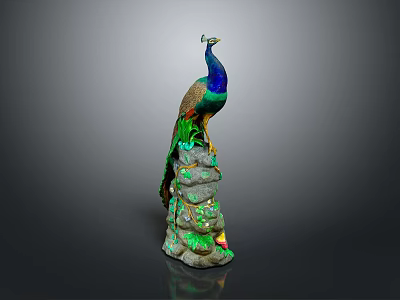 Vibrant Peacock with Colorful Green and Blue Feathers Standing Elegantly on Rock Surface 3d model