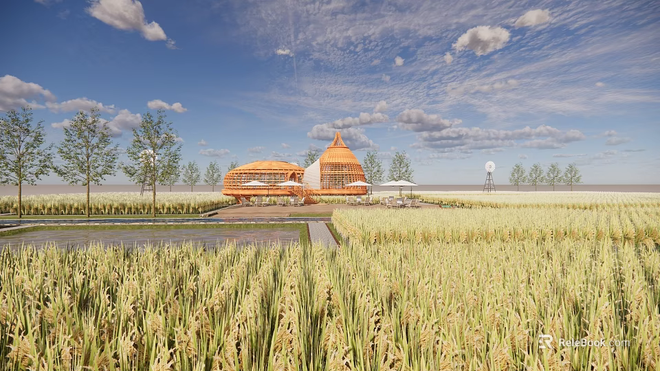 Rural Landscape with Golden Rice Fields Unique Dome Buildings and Blue Sky 3d model 