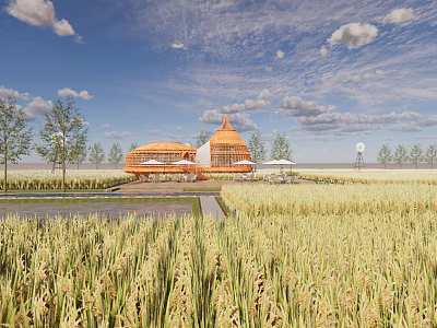 Rural Landscape with Golden Rice Fields Unique Dome Buildings and Blue Sky 3d model