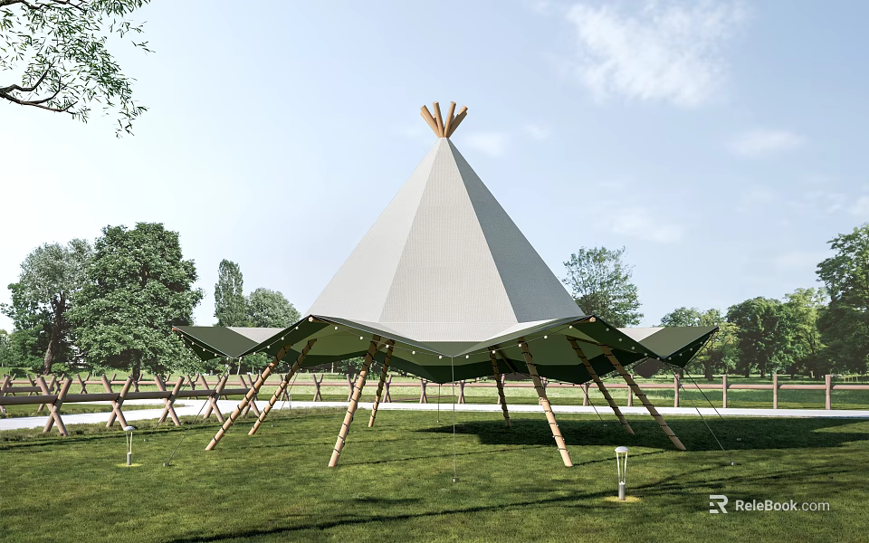 Tipi Style Tent With Wooden Pole Supports On Outdoor Grassland Surrounded By Trees And Sky 3d model 