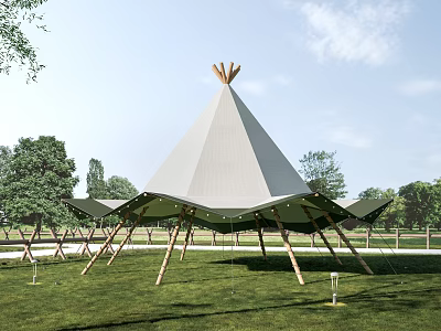 Tipi Style Tent With Wooden Pole Supports On Outdoor Grassland Surrounded By Trees And Sky 3d model