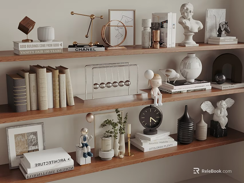 Various Decorative Ornament Combination on Wooden Shelves with Statues Frames Clock and Potted Plants 3d model 