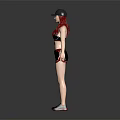 A Woman with Red Hair Wearing Black Cap Sports Bra Shorts Sneakers Against Dark Background