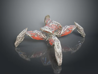 Shiny Metallic Spider Like Mechanical Creature With Red Silver Textures And Reflection On Black Background 3d model