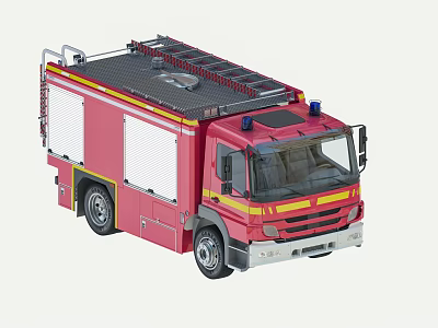 Red Fire Truck With Roof Ladder Blue Emergency Lights And Yellow Stripes 3d model