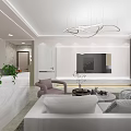 Modern Living And Dining Room Interior With Marble Table Chairs TV Wall And Plants