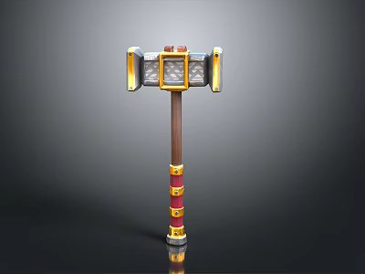 Fantasy War Hammer Design With Ornate Golden Head Red Accents And Wooden Handle 3d model