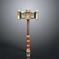 Fantasy War Hammer Design With Ornate Golden Head Red Accents And Wooden Handle