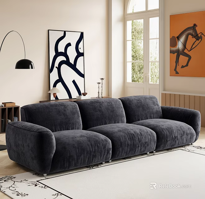 Modern Gray Velvet Multi Seater Sofa In Living Room With Abstract Art And Floor Lamp 3d model 