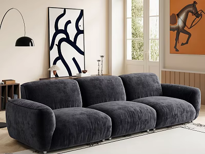 Modern Gray Velvet Multi Seater Sofa In Living Room With Abstract Art And Floor Lamp 3d model