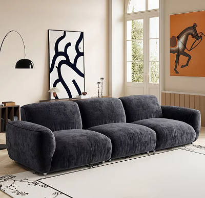 Modern Gray Velvet Multi Seater Sofa In Living Room With Abstract Art And Floor Lamp 3d model