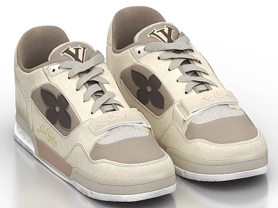LV Beige Brown Casual Sneakers with Clover Logo and Mesh Leather Design 3d model