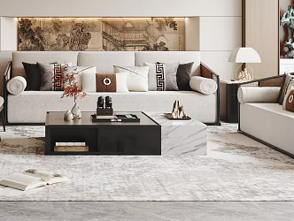 New Chinese-style Sofa Coffee Table Combination Living Room Sofa Three-person Sofa Leisure Chair Coffee Table 3d model